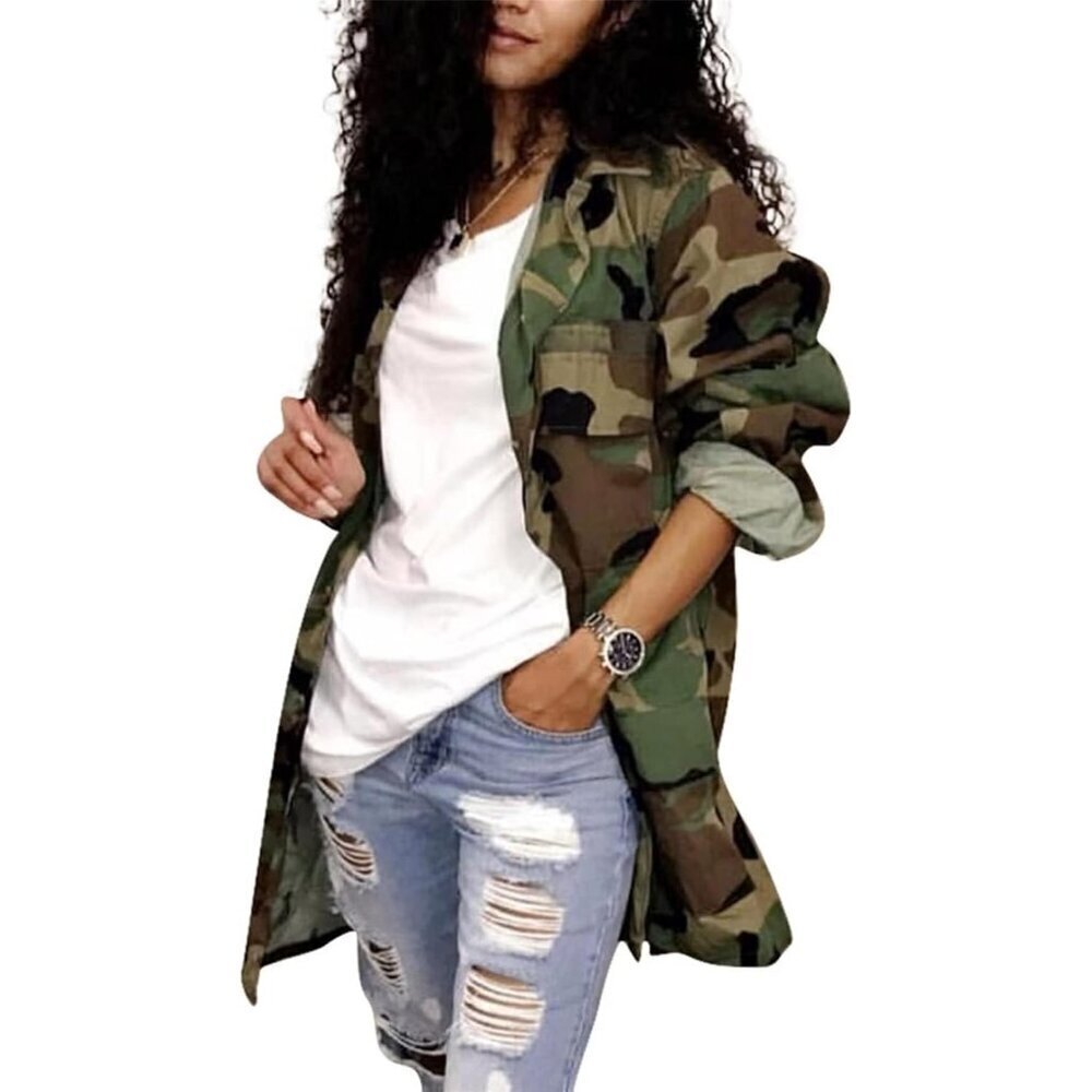Ripped Camo Jacket for Women Long Sleeve Casual Distressed Fray Fringe Hem Army